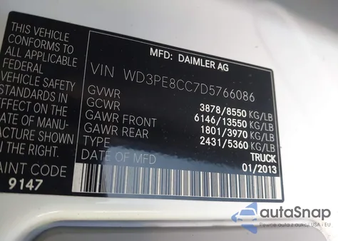 2013 Mercedes-Benz Sprinter 2500 High Roof z USA, uszkodzony, nr VIN WD3PE8CC7D5766086